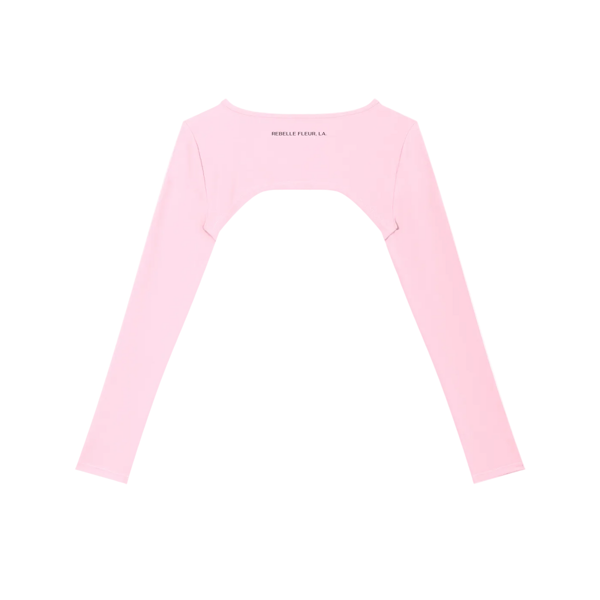 Light pink cropped long-sleeve shrug with large back cutout, boat neckline and small 'REBELLE FLEUR, LA.' printed label