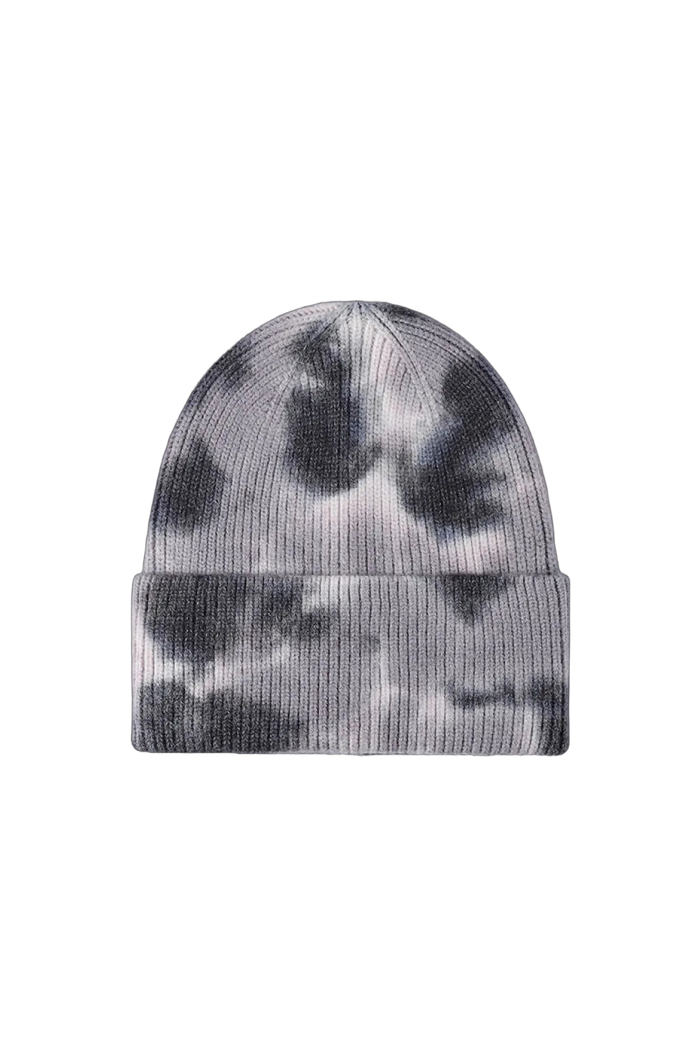 Rib-knit cuffed beanie with gray and black tie-dye pattern, flat-lay on black background