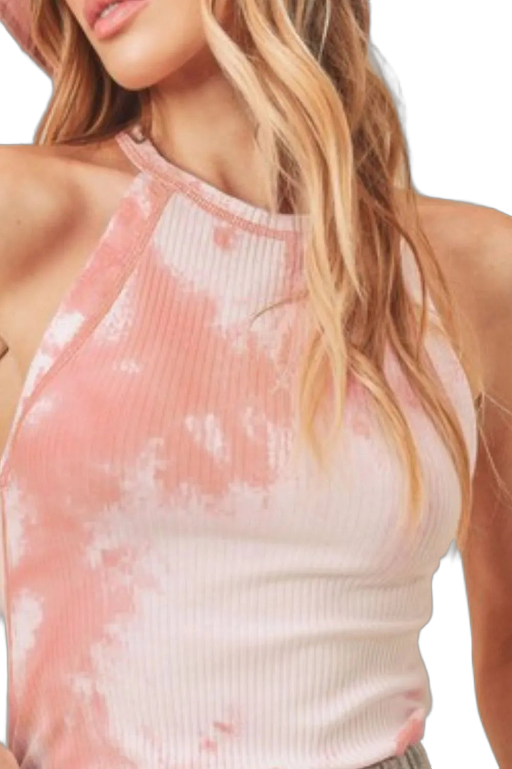 Ribbed sleeveless tank in coral and white tie-dye with high round neckline; model with long blonde hair