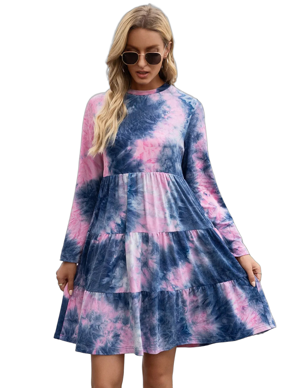 Woman wearing dusty blue and pink tie-dye round-neck long-sleeve tiered dress, above-knee length