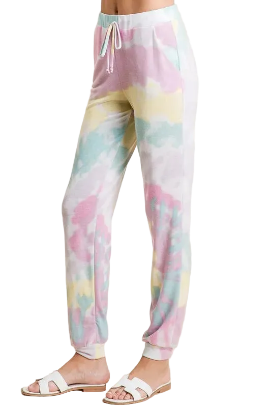 Pastel lavender multi tie-dye French terry jogger pants with drawstring waist, side pockets and cuffed ankles