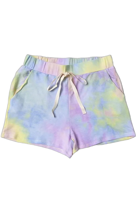 Pastel tie-dye shorts with elastic waistband, white drawstring and side pockets