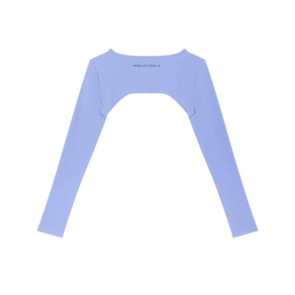 Long-sleeve cropped shrug with wide curved back cutout and small 'REBELLE FLEUR, LA' text on upper back