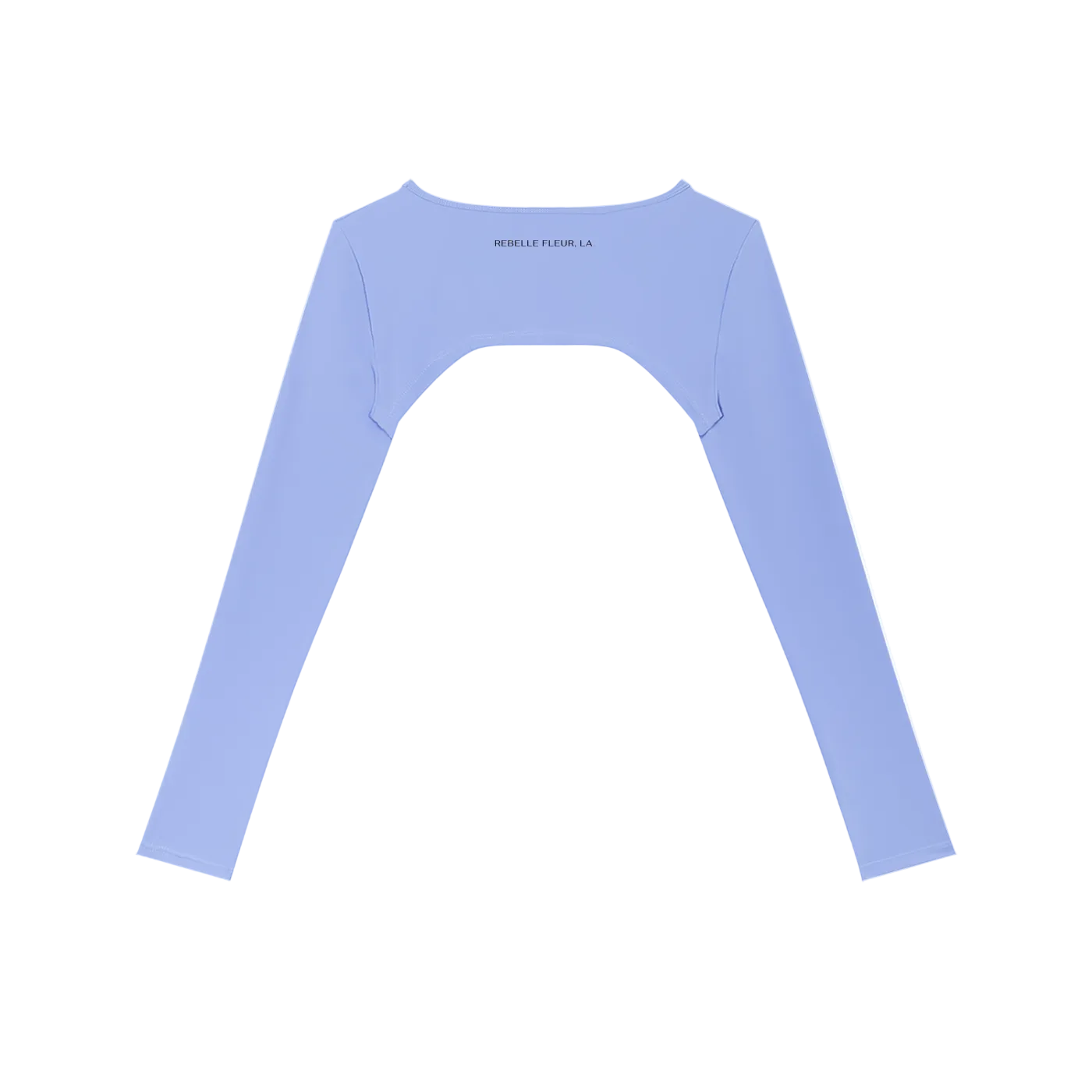 Long-sleeve cropped shrug with wide curved back cutout and small 'REBELLE FLEUR, LA' text on upper back
