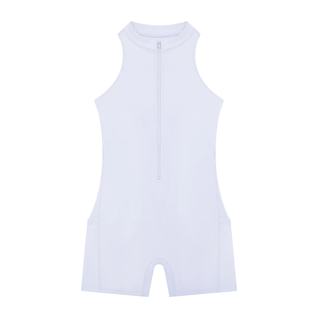Sleeveless quarter-zip romper with high neckline, front zipper, side pockets and short legs
