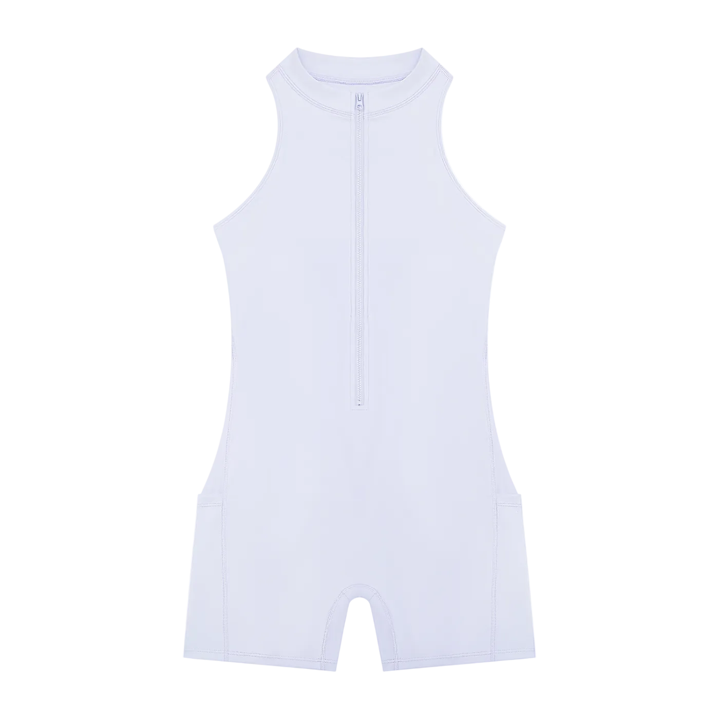 Sleeveless quarter-zip romper with high neckline, front zipper, side pockets and short legs