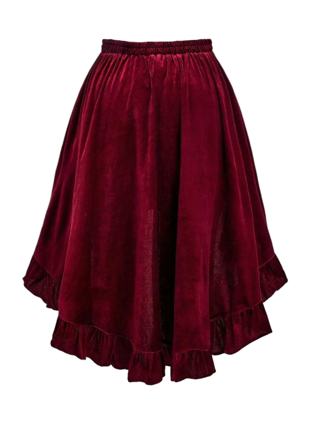 burgundy velvet skirt with elastic waistband and tiered ruffled hem