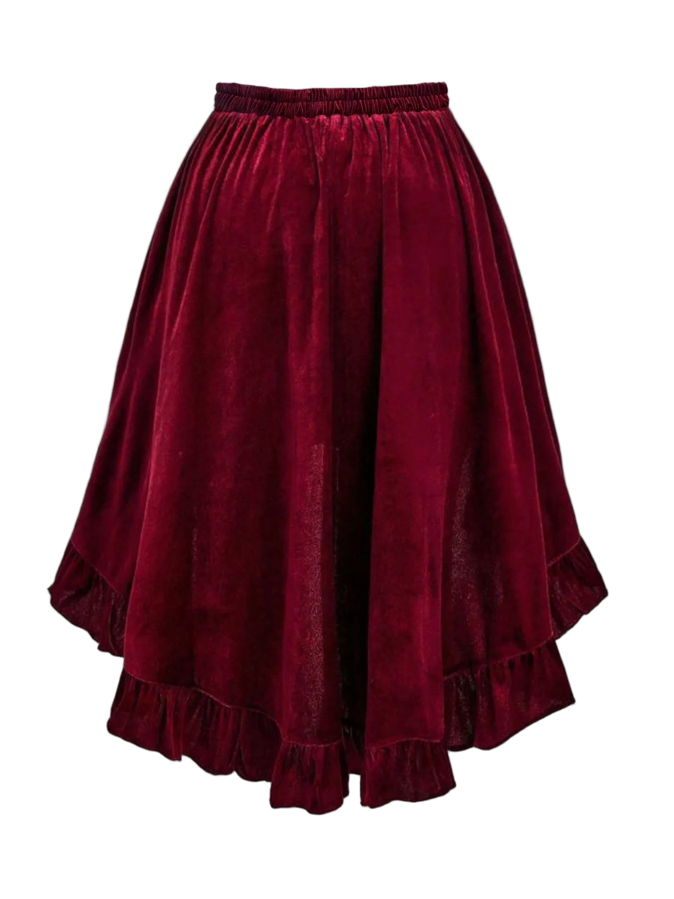 burgundy velvet skirt with elastic waistband and tiered ruffled hem