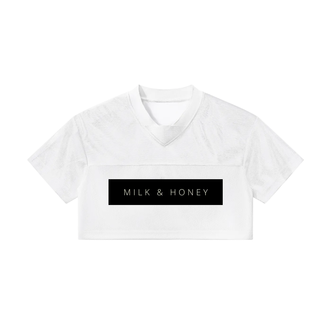 White cropped V-neck short-sleeve top with black rectangular MILK & HONEY chest print