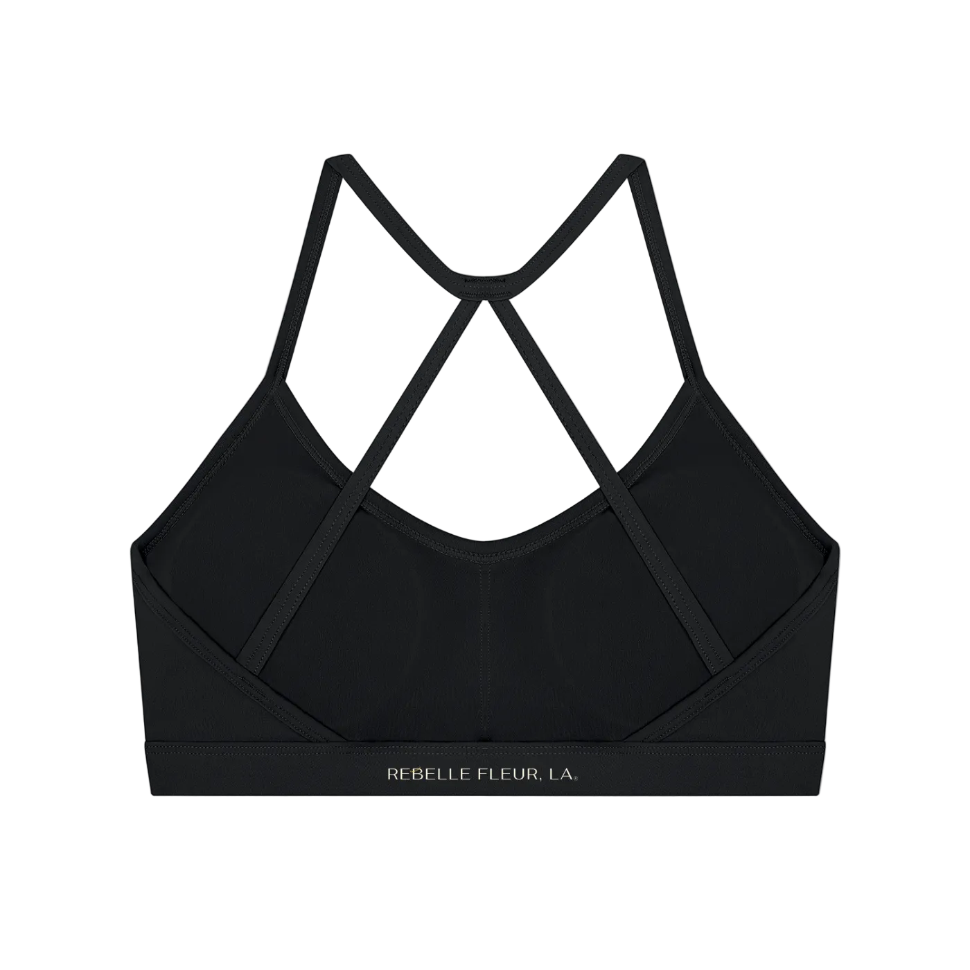 Back of sports bra with thin crisscross straps and elastic underband printed 'REBELLE FLEUR, LA.'