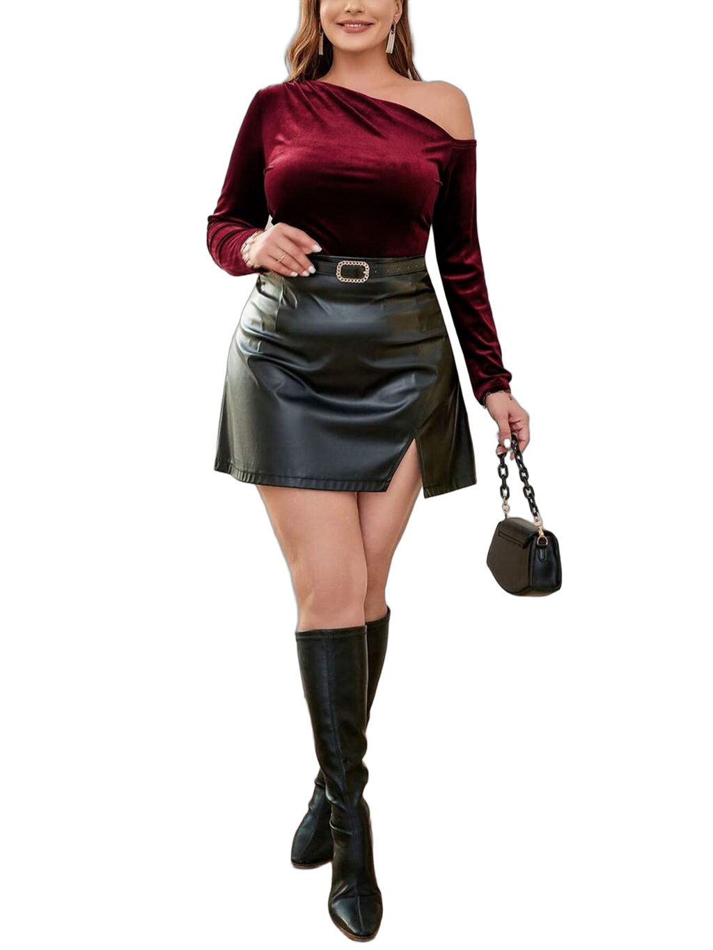 Burgundy one-shoulder velvet long-sleeve top paired with black leather mini skirt, knee-high boots, and chain-handle purse