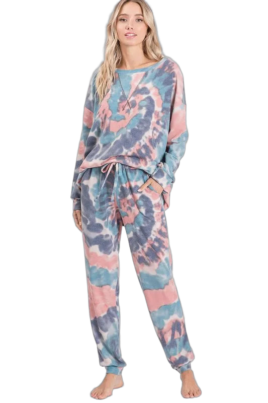 Tie-dye jogger pants with drawstring waist, side pockets and cuffed ankles in pink, blue and gray