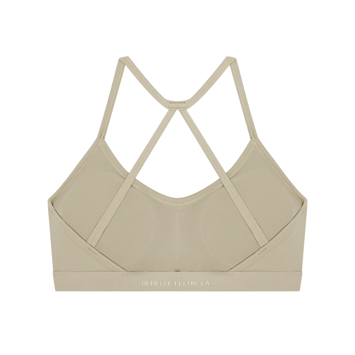 Back of sports bra with thin crisscross straps, scoop back and elastic band showing REBELLE FLEUR LA logo