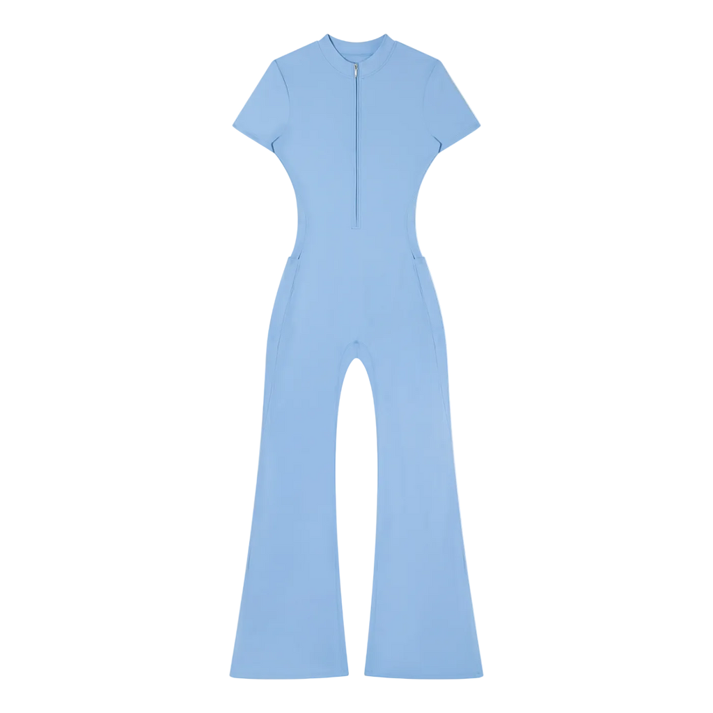 Light blue short-sleeve jumpsuit with front quarter-zip, fitted waist and flared legs