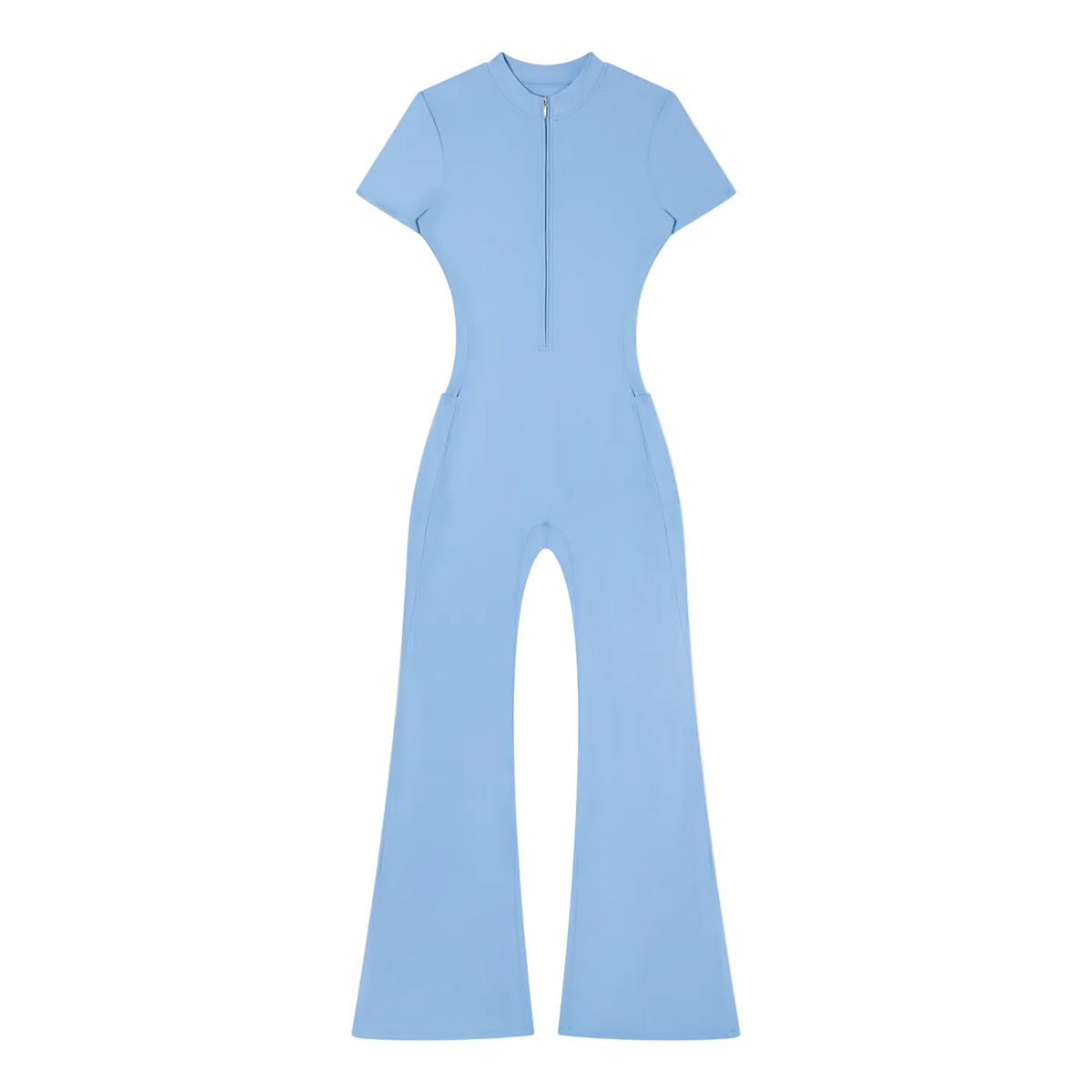 Light blue short-sleeve jumpsuit with front quarter-zip, fitted waist and flared legs