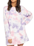 Round-neck long-sleeve tie-dye dress in blush pink and lavender with front kangaroo pocket and raw hem