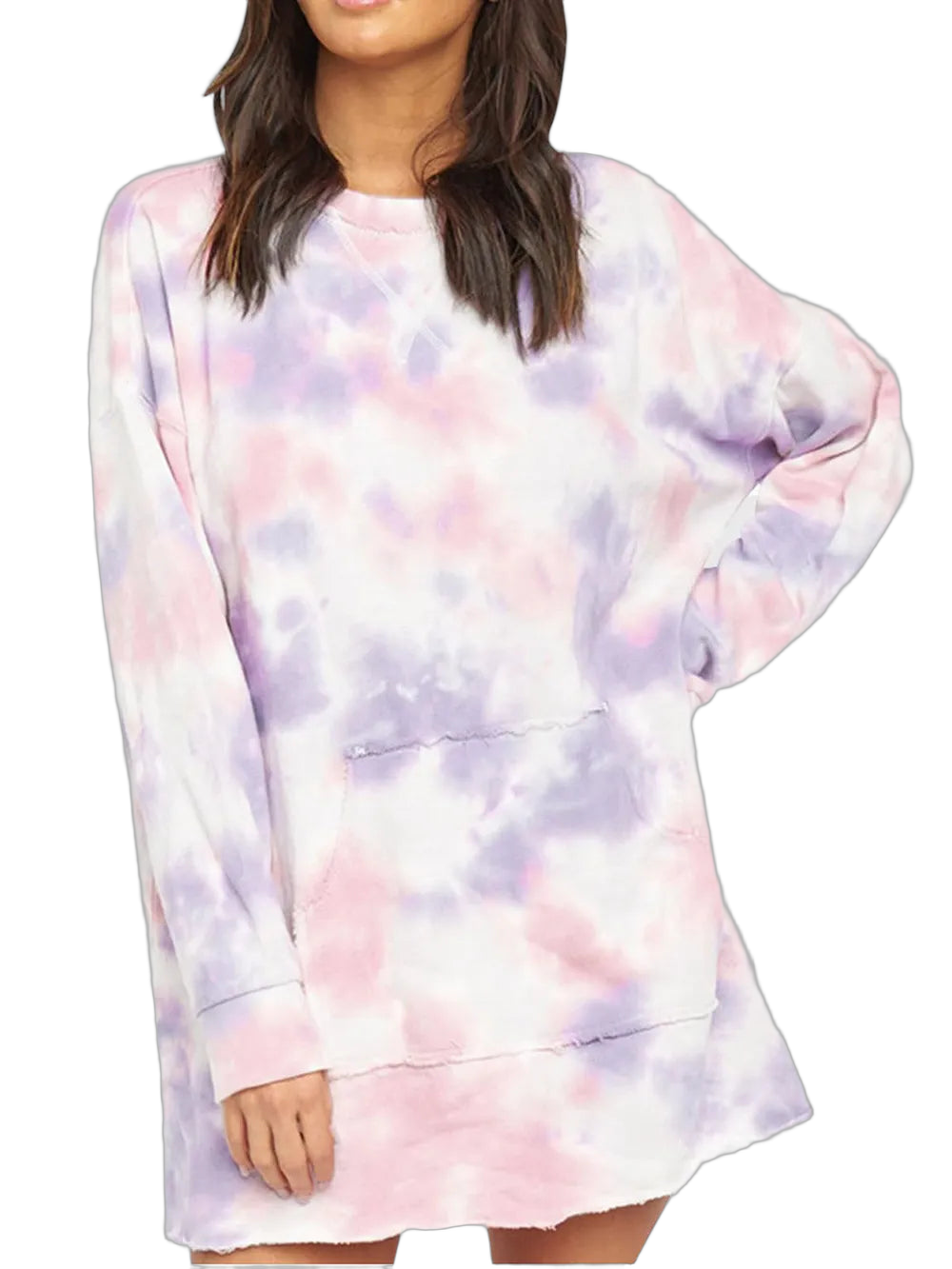 Round-neck long-sleeve tie-dye dress in blush pink and lavender with front kangaroo pocket and raw hem