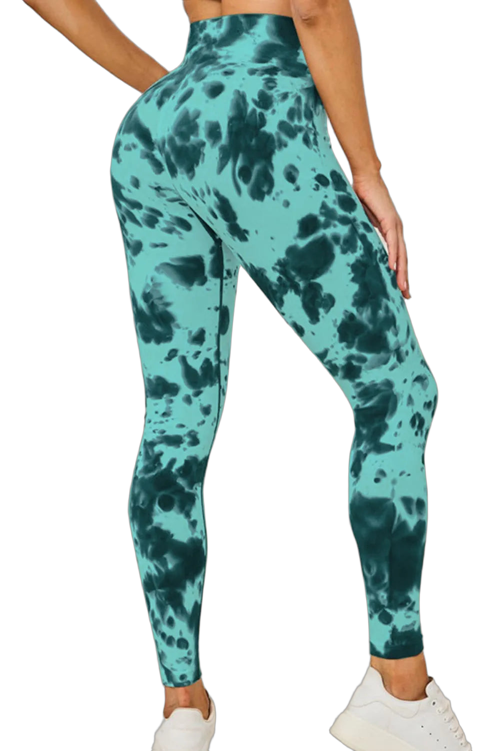 High-waist turquoise tie-dye leggings with darker teal blotches, back view to ankles with white sneakers