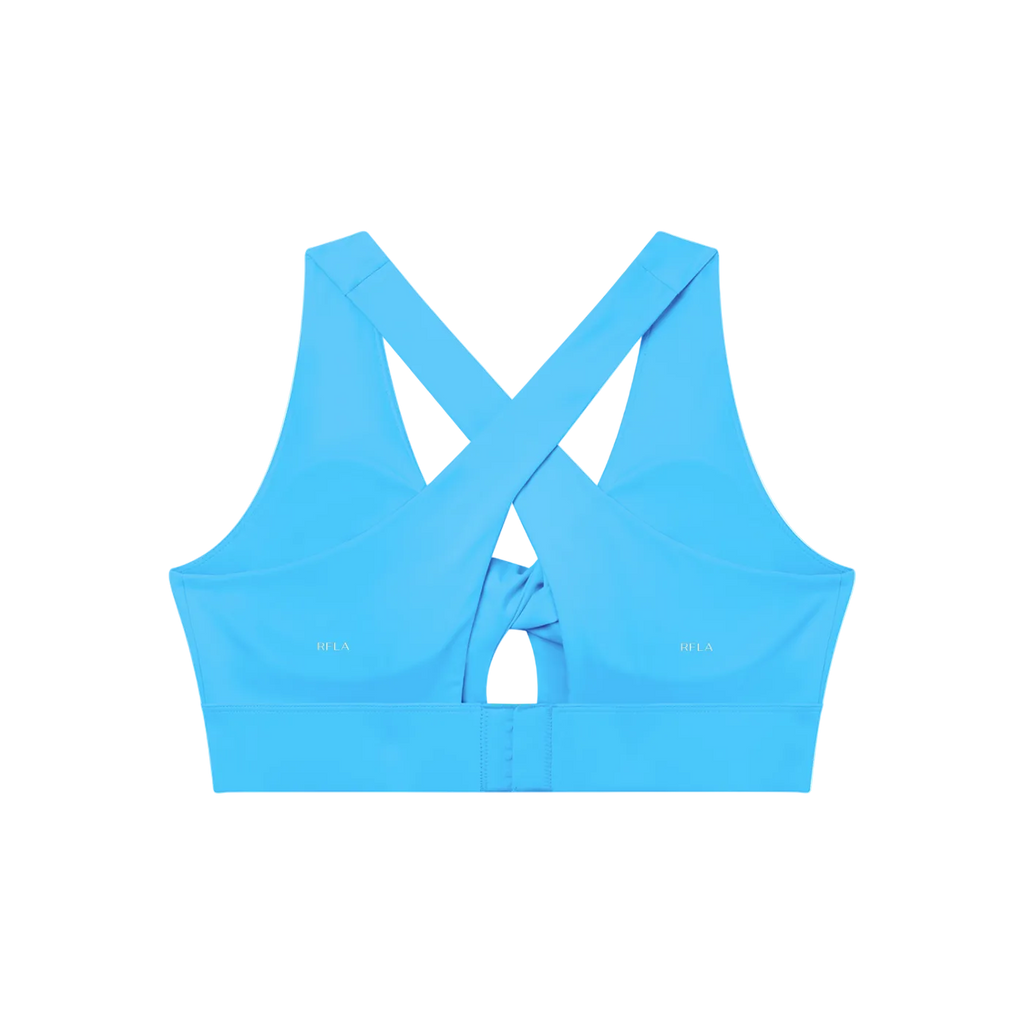 Bright blue sports bra back with crossed racer straps, small 'RFLA' logos, hook-and-eye band and center keyhole