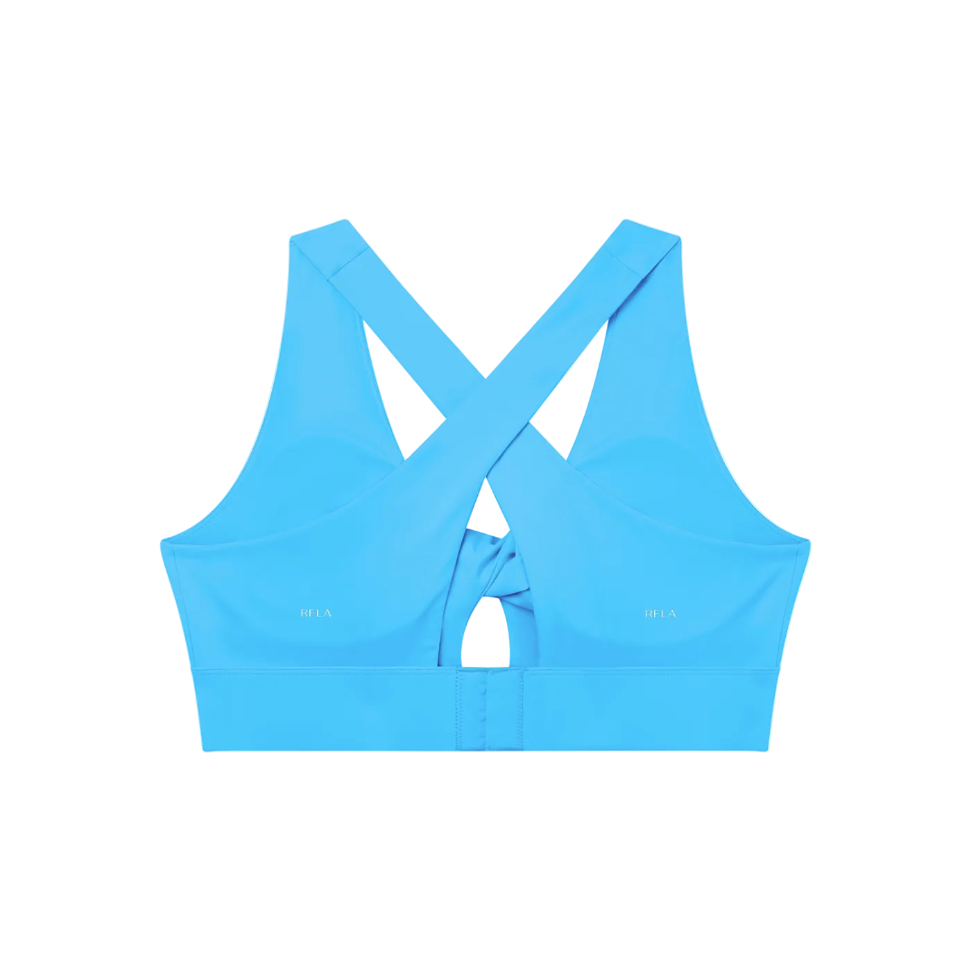 Bright blue sports bra back with crossed racer straps, small 'RFLA' logos, hook-and-eye band and center keyhole