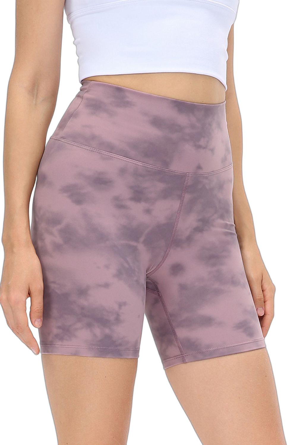 Tie-dye high-waist sports shorts with wide waistband, mid-thigh length worn with a white crop top