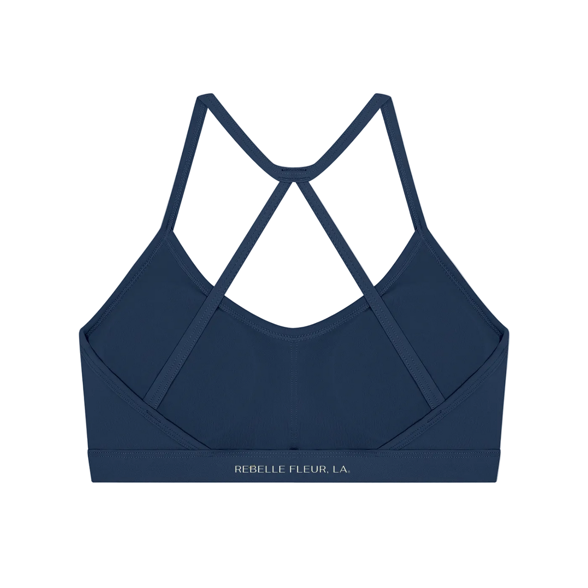 Back view of a navy strappy sports bra with X-back narrow straps and elastic band labeled 'REBELLE FLEUR, LA'