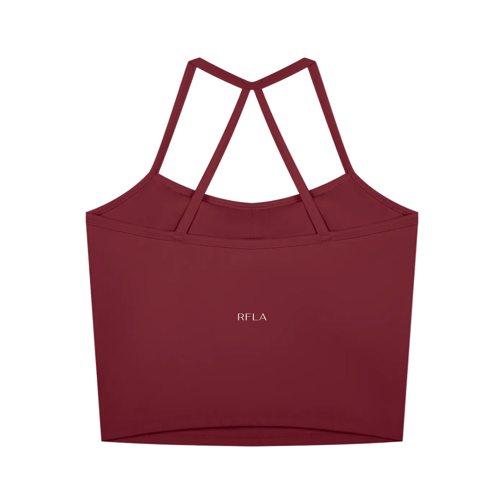 Red cropped tank top with thin double crisscross back straps and small centered RFLA logo