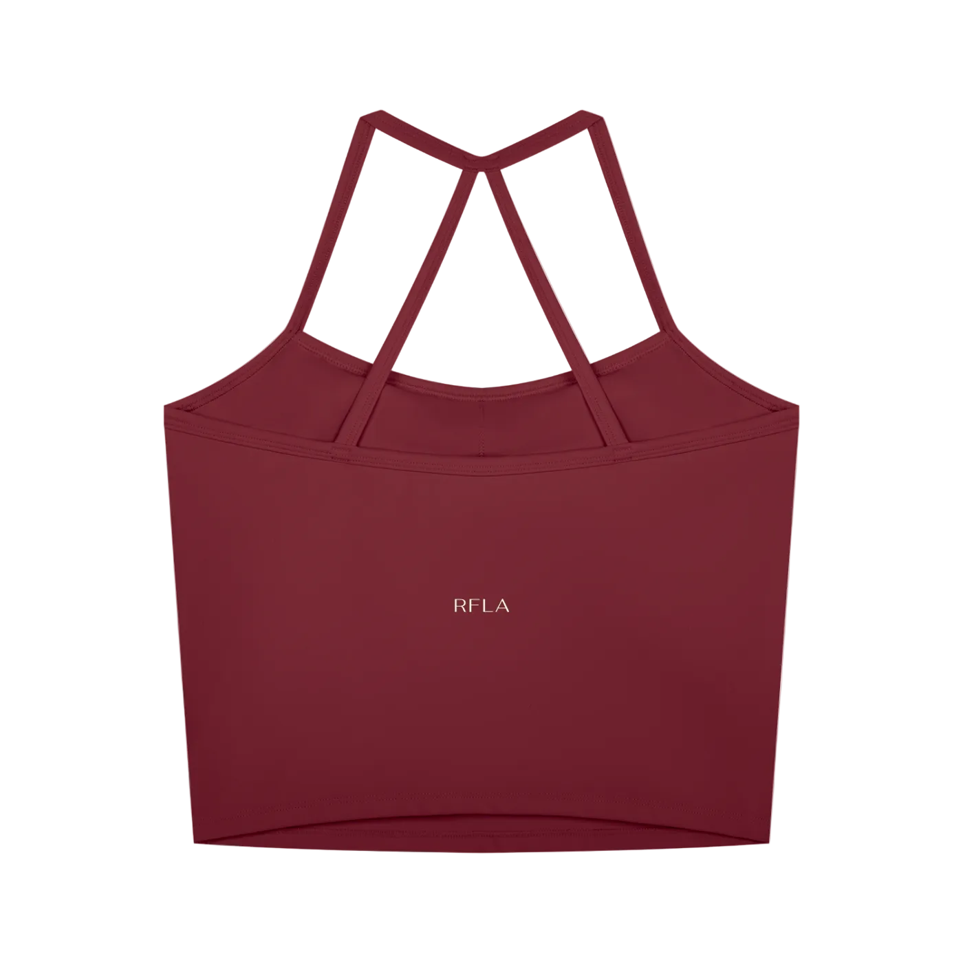 Red cropped tank top with thin double crisscross back straps and small centered RFLA logo