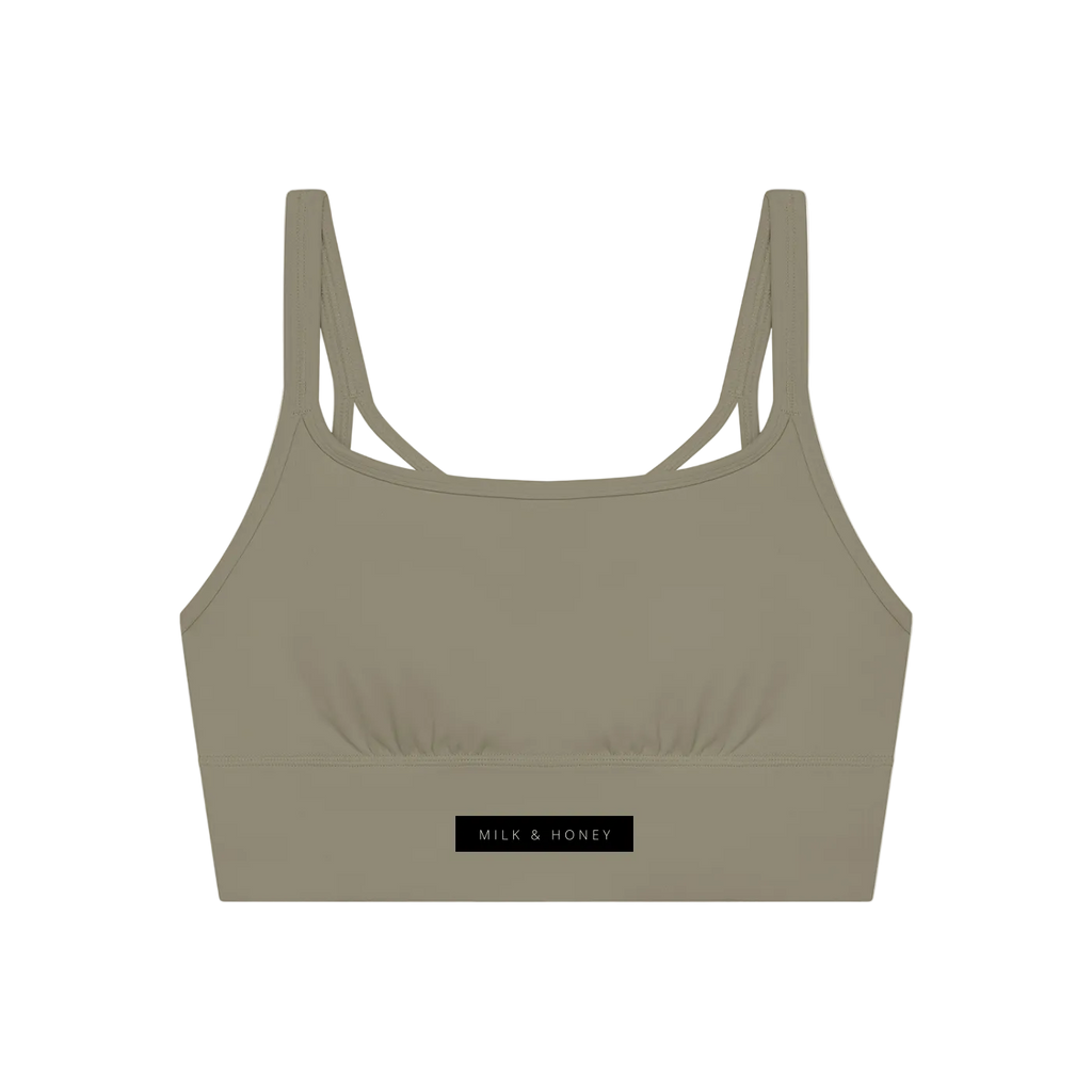 Gray-green cropped women's tank top with thin double shoulder straps and MILK & HONEY label at hem