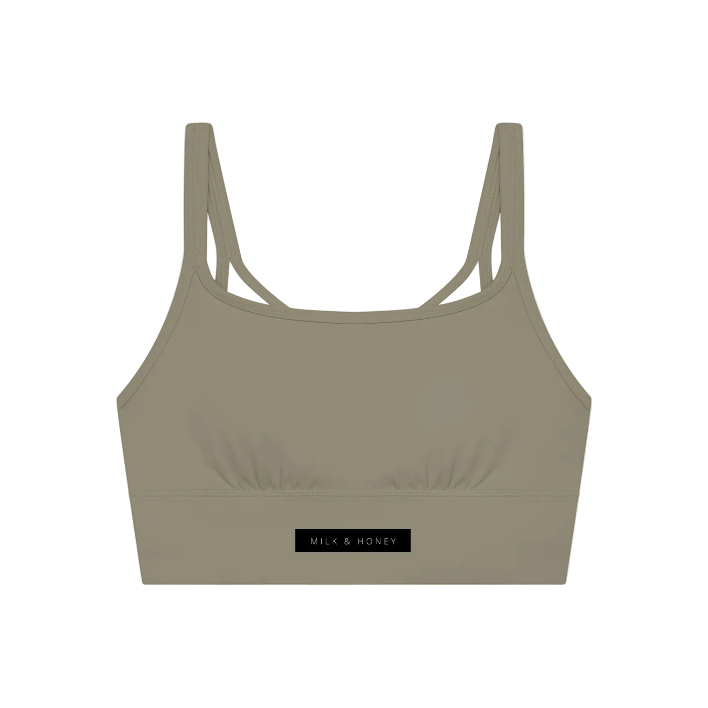 Gray-green cropped women's tank top with thin double shoulder straps and MILK & HONEY label at hem