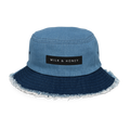 Light denim bucket hat top with stitched seams, rectangular 'MILK & HONEY' label, darker frayed brim and side eyelet