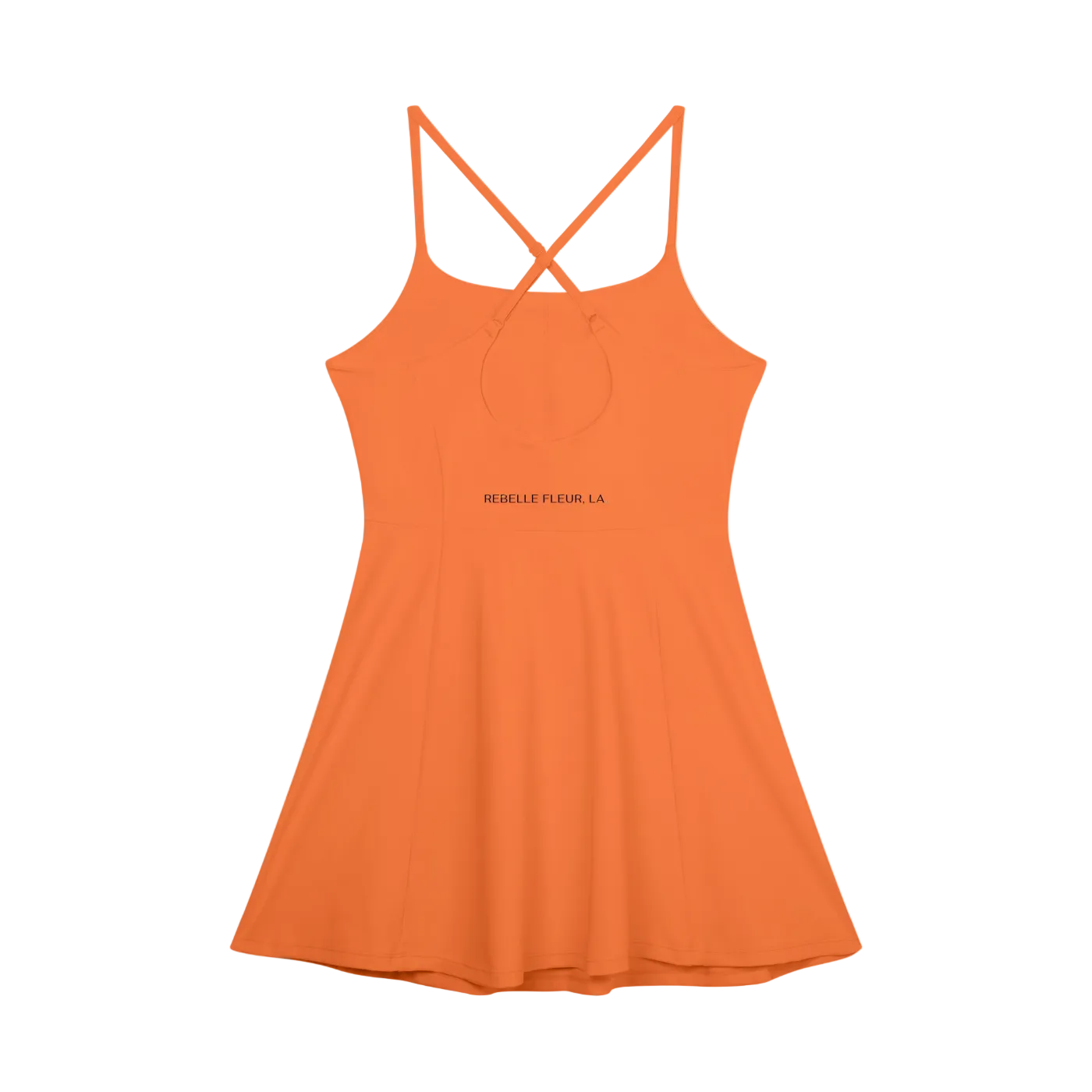 Orange paneled A-line dress with crisscross back straps and 'REBELLE FLEUR, LA' printed at the waist