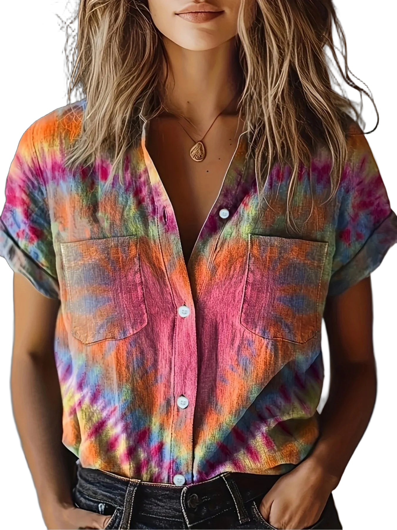 Short-sleeve tie-dye button-up shirt with chest pockets, white buttons, pendant necklace, tucked into jeans
