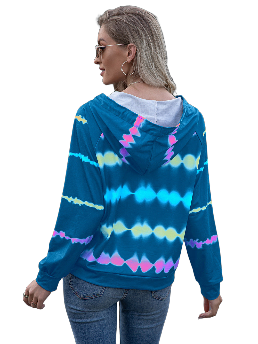 Model wearing sky blue tie-dye hooded sweatshirt with raglan long sleeves and white hood lining, back view
