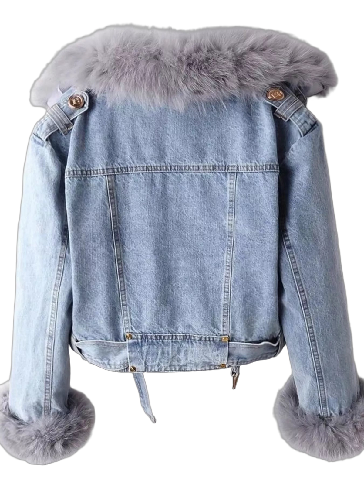 Back view blue denim jacket with grey faux-fur collar and fur-trimmed cuffs, gold-tone button accents
