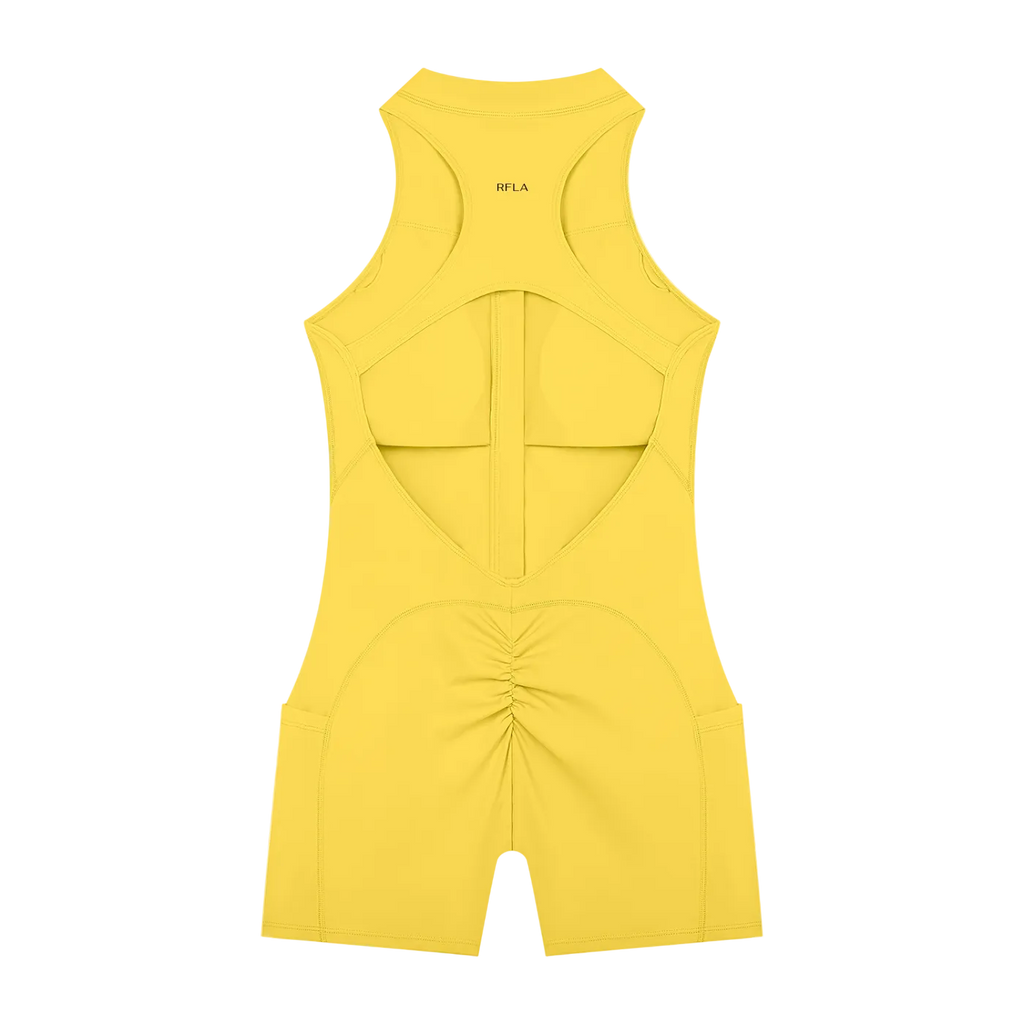 Sleeveless racerback romper back with central vertical seam, cutout, ruched seat and 'RFLA' print