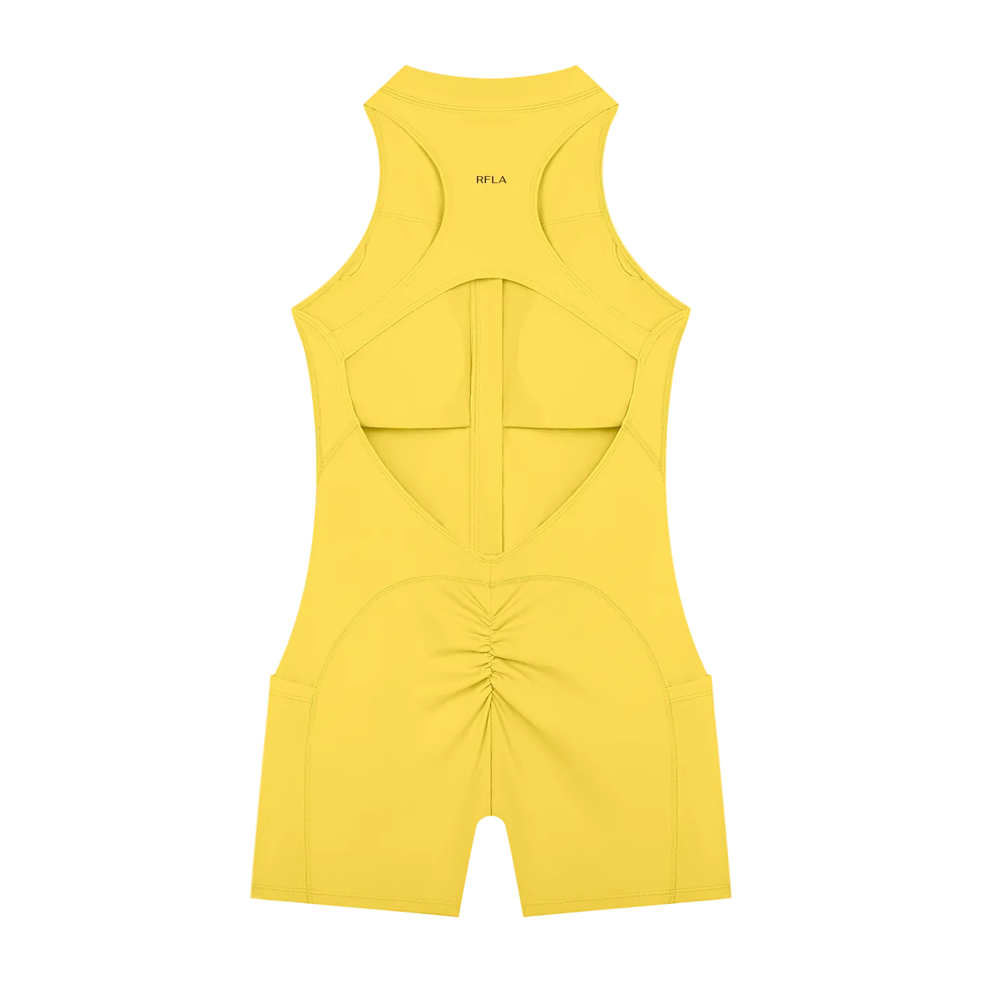 Sleeveless racerback romper back with central vertical seam, cutout, ruched seat and 'RFLA' print