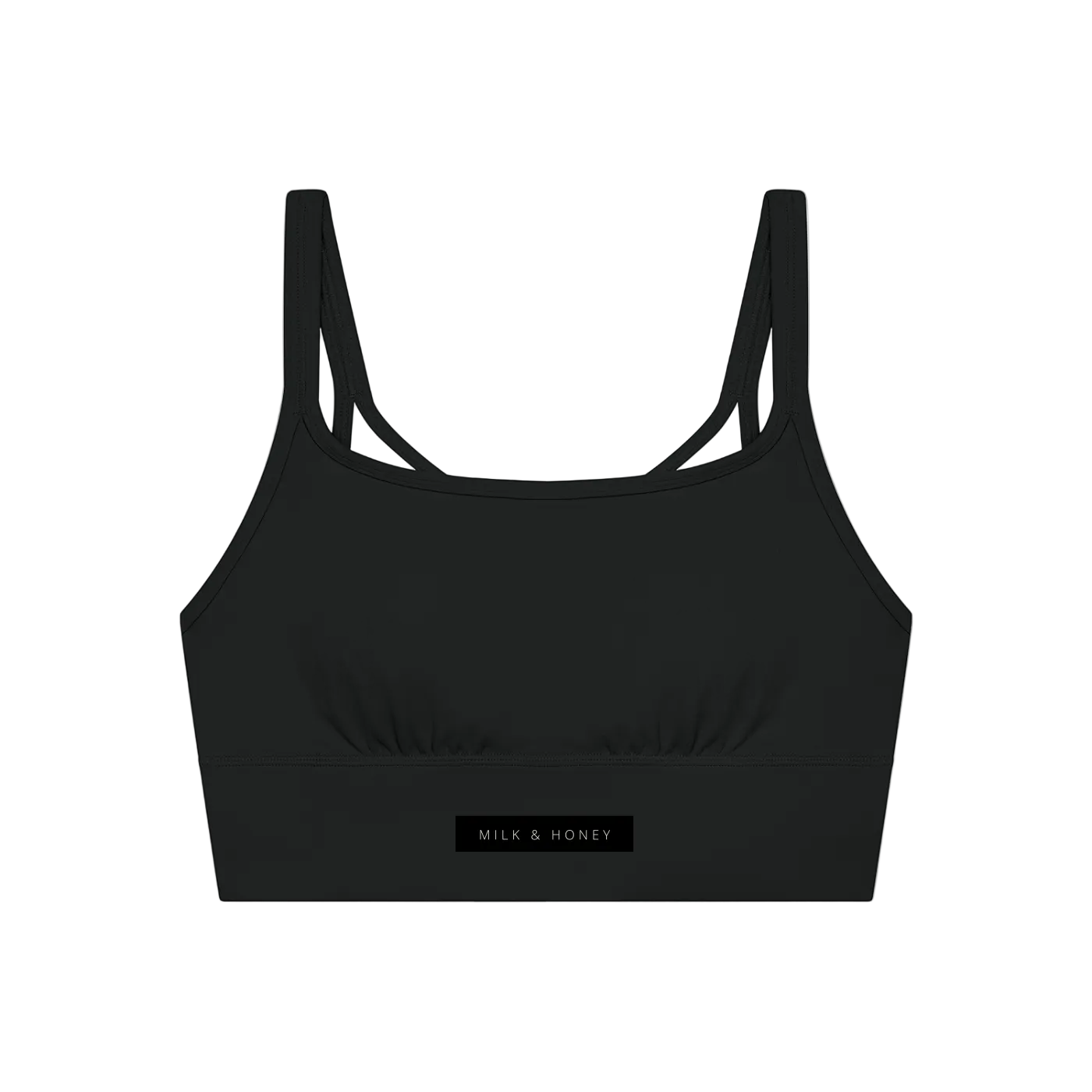 Dark cropped tank top with thin double shoulder straps, gathered bust seam and MILK & HONEY label on the lower band