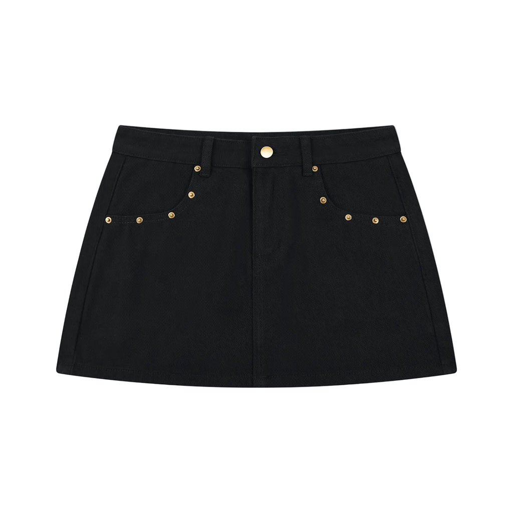 Black denim mini skirt with front pockets, gold stud embellishments, belt loops and central metal button