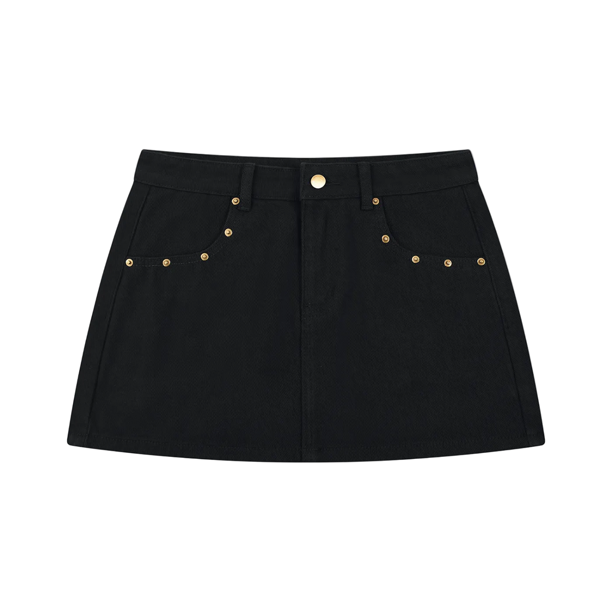 Black denim mini skirt with front pockets, gold stud embellishments, belt loops and central metal button