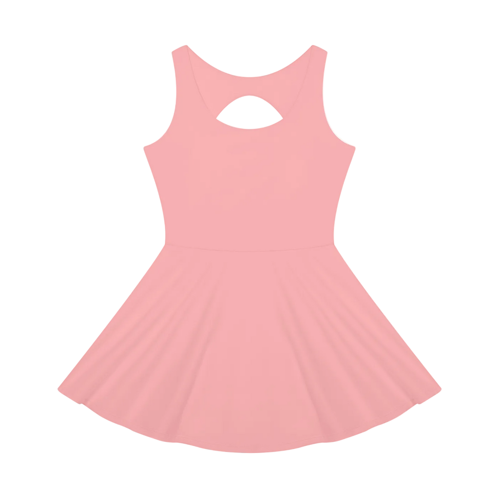 Sleeveless pink tennis dress with flared skirt and round keyhole back.