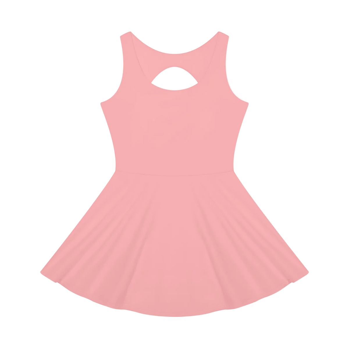 Sleeveless pink tennis dress with flared skirt and round keyhole back.
