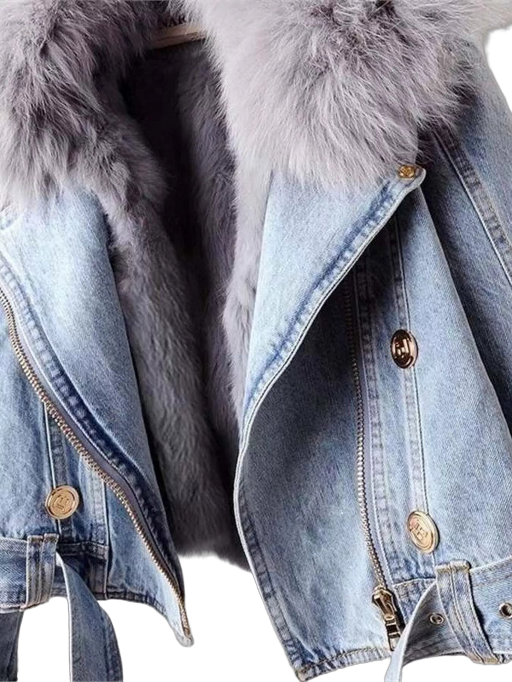 Light-wash denim jacket with large fluffy grey faux-fur collar, visible metal buttons, zipper and waist tie