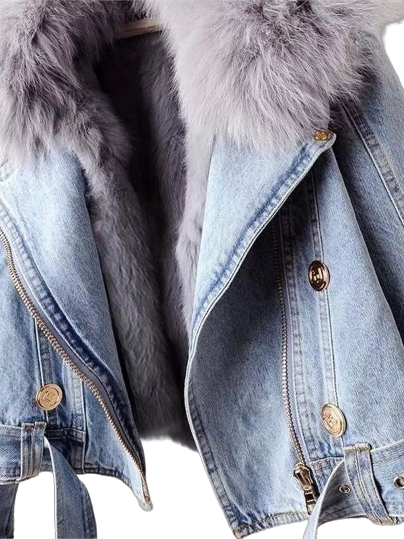 Light-wash denim jacket with large fluffy grey faux-fur collar, visible metal buttons, zipper and waist tie
