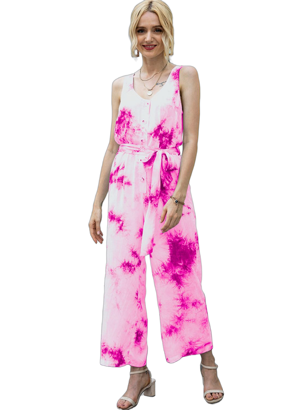 Sleeveless hot-pink tie-dye jumpsuit with round neck, button front, self-tie waist and wide cropped legs, paired with sandals