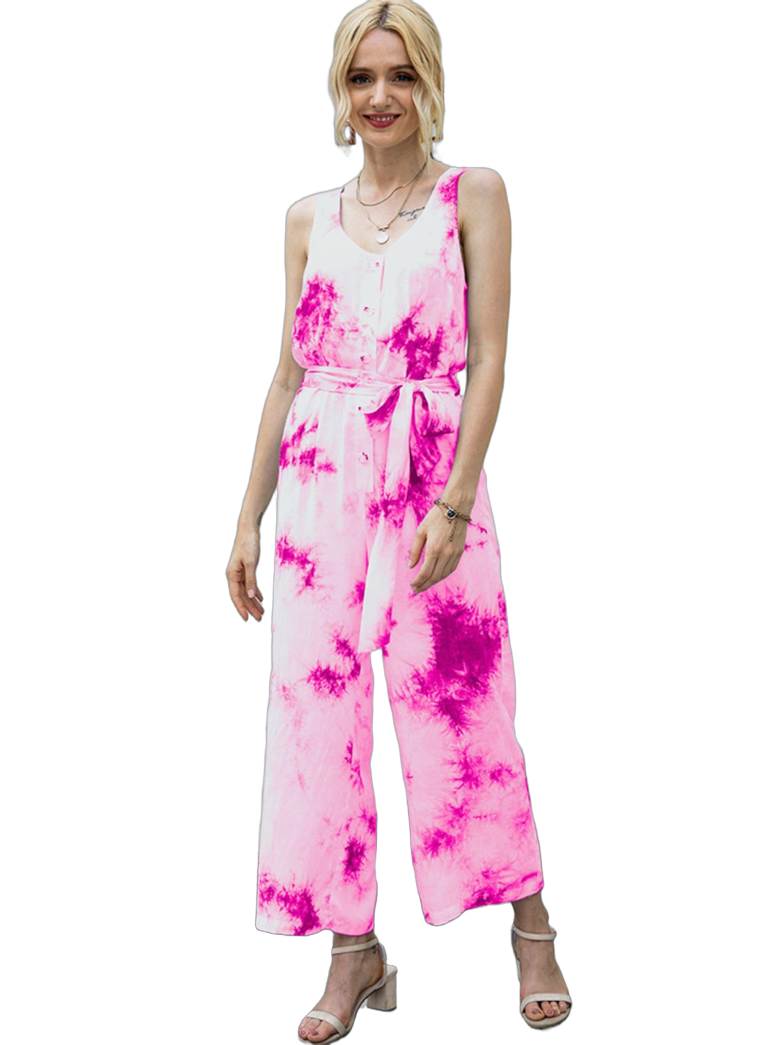 Sleeveless hot-pink tie-dye jumpsuit with round neck, button front, self-tie waist and wide cropped legs, paired with sandals