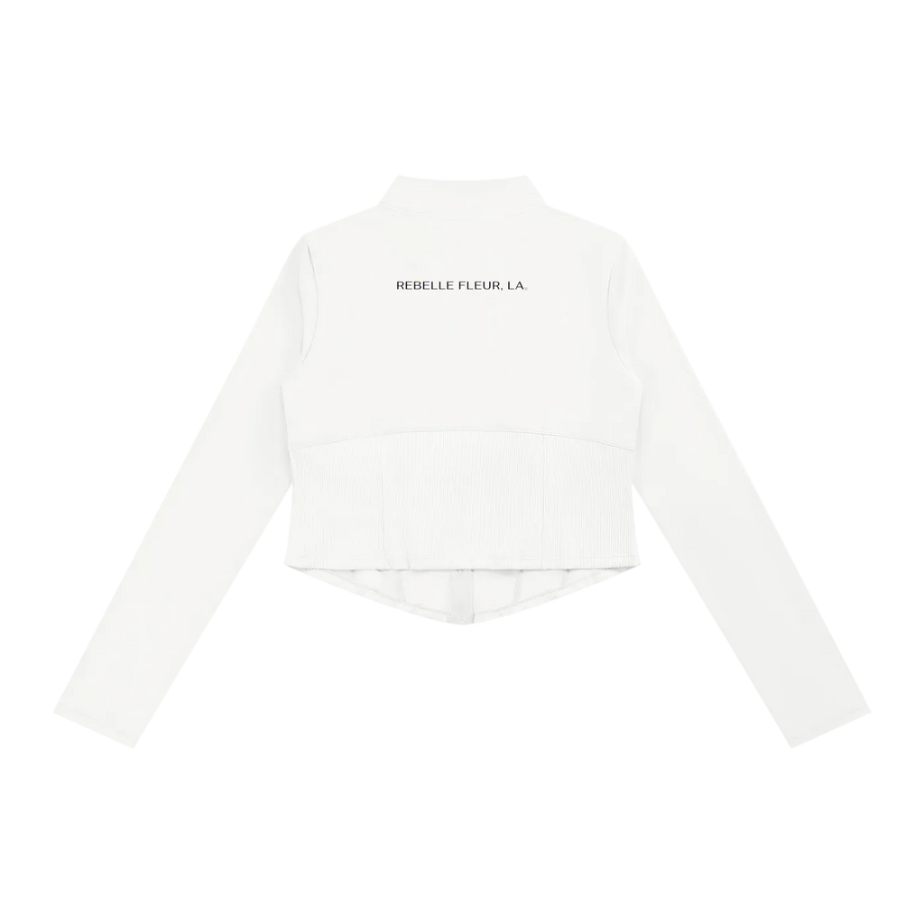 White long-sleeve cropped jacket back with ribbed lower panel, high collar and 'REBELLE FLEUR, LA.' text