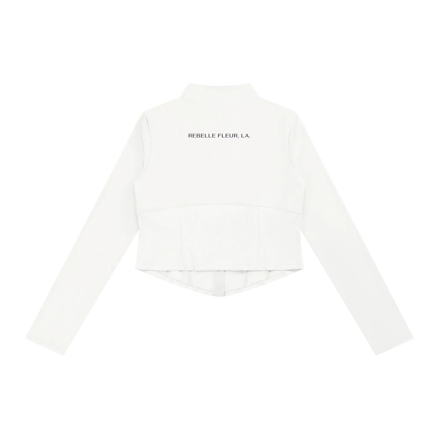 White long-sleeve cropped jacket back with ribbed lower panel, high collar and 'REBELLE FLEUR, LA.' text