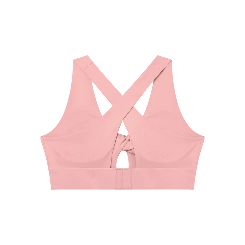 Twist-back sports bra with crossed shoulder straps, back keyhole and wide elastic underband