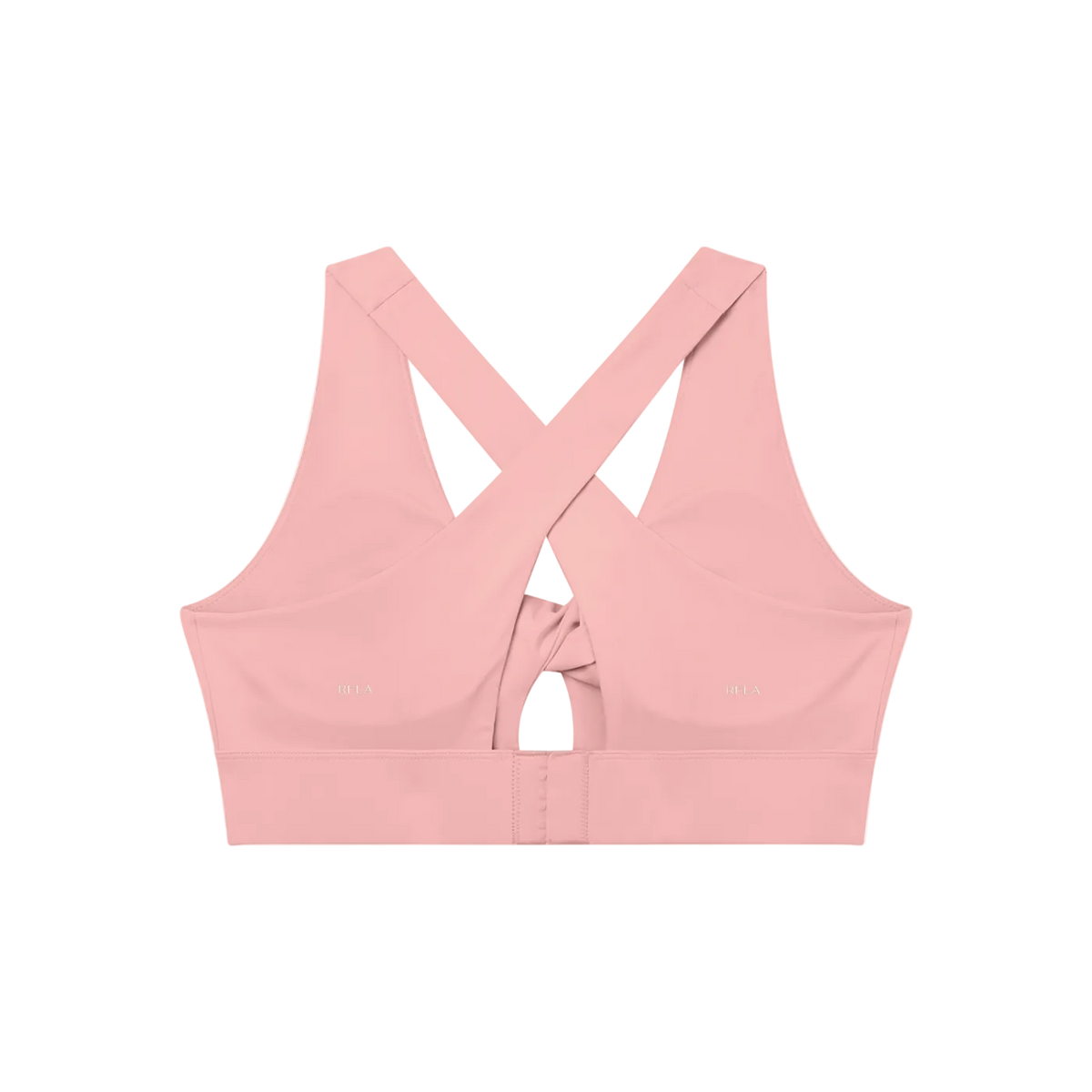 Twist-back sports bra with crossed shoulder straps, back keyhole and wide elastic underband